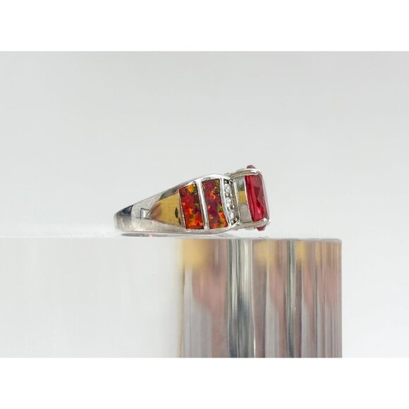 Bright Garnet & Faux Opal Modernist Sterling Silver Vintage Ring - sz 6.5 - Picture 2 of 10